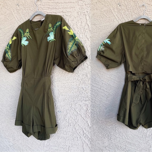 ZARA Army Green Puff Sleeve Blue Tropical Floral Embroidered Open Back Romper - Picture 8 of 12